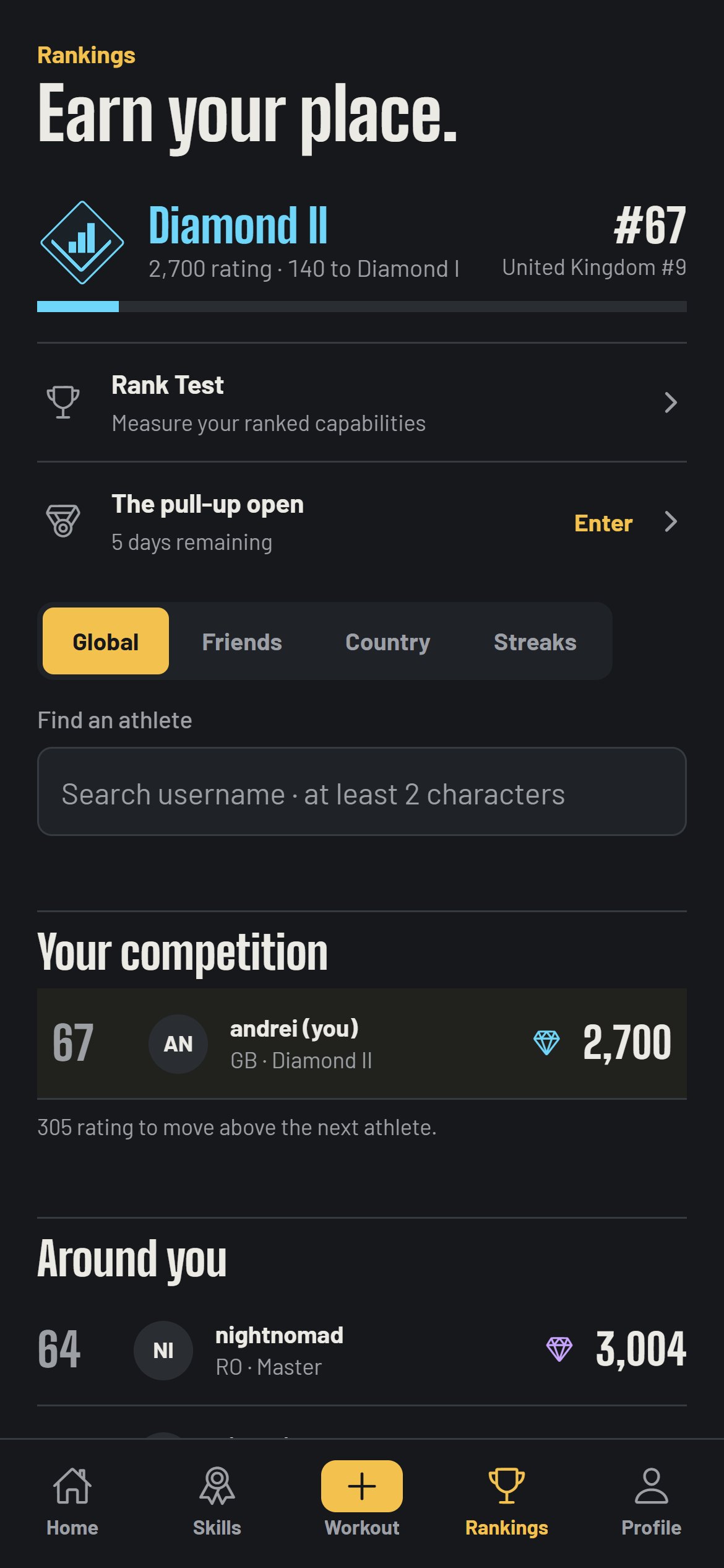 Rankings screen with the global leaderboard