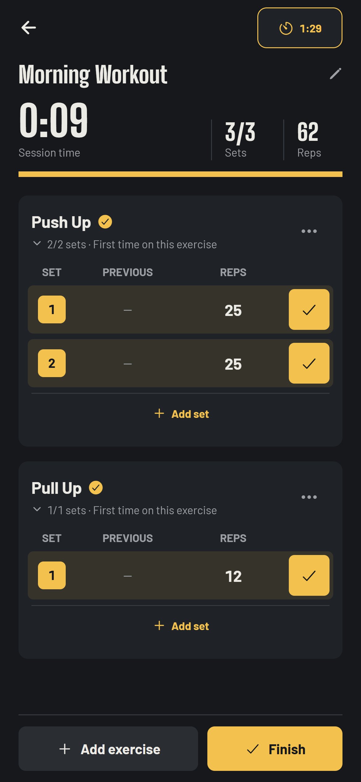 Workout logger with two completed push-up sets and one pull-up set